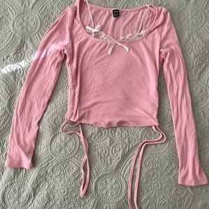 SHEIN Pink Long Sleeve Top with Lace Trim
